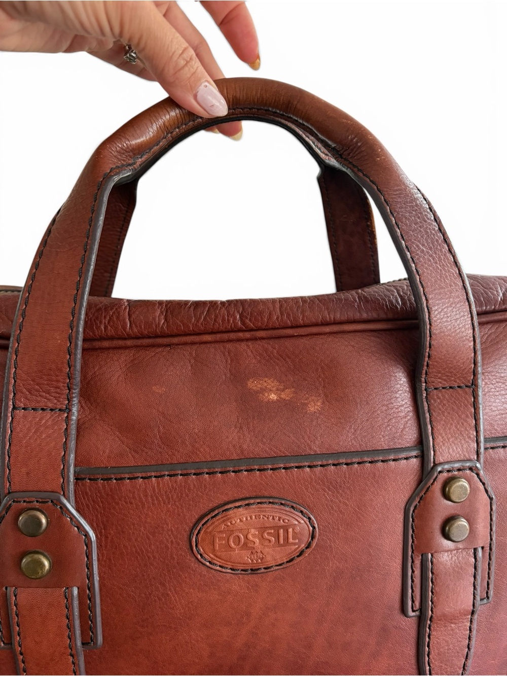 Fossil Chestnut Brown Leather Laptop Bag with Shoulder Strap - Picture 12 of 16
